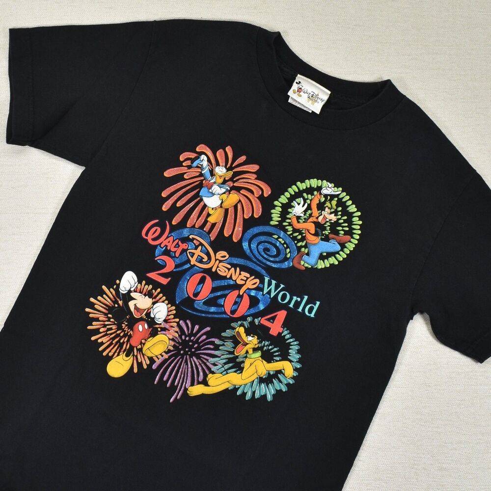 VTG Walt Disney World 2004 Fireworks T Shirt Small S Black Mickey Donald Graphic